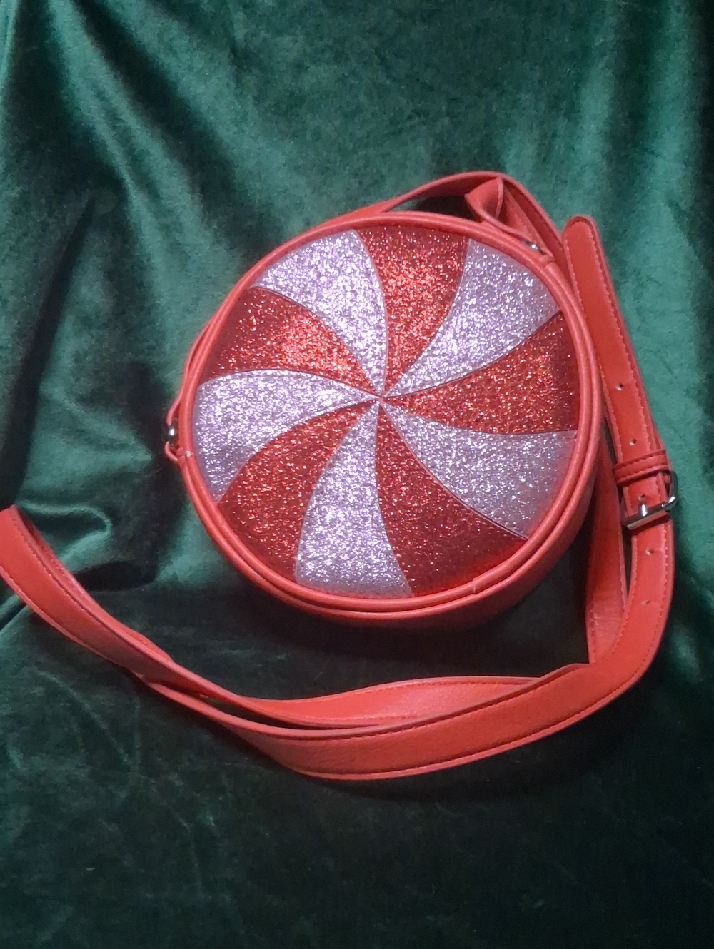 Mad Love Target Peppermint Candy Crossbody Bag Red Pink Glitter Round Flaw